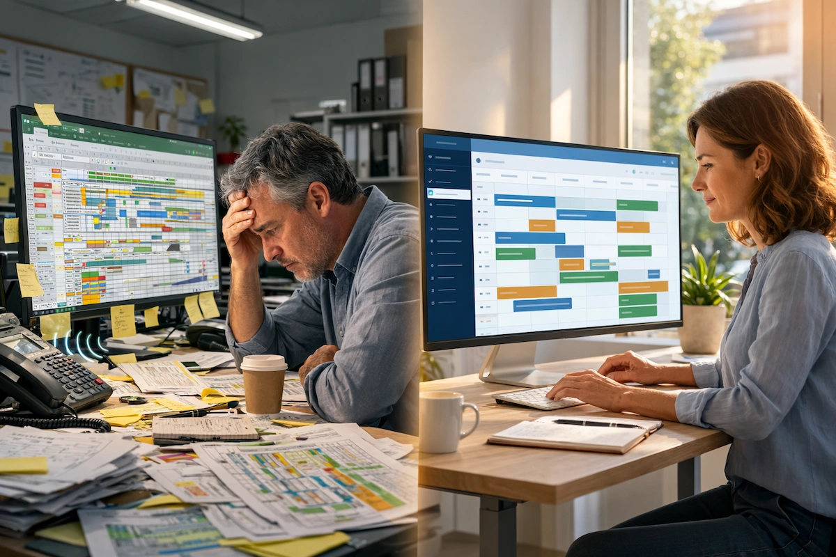 Vergleich zwischen chaotischer Excel-Kapazitätsplanung und übersichtlicher digitaler Plantafel